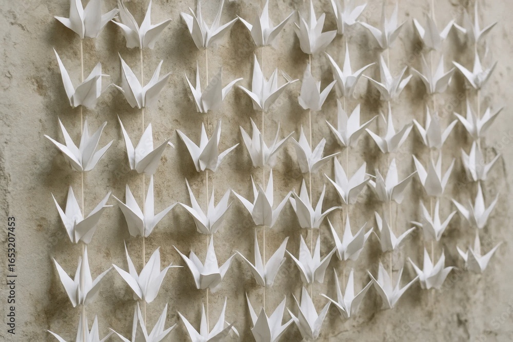 Poster an intricate tapestry of white origami cranes adorns a textured backdrop, creating a serene and harm