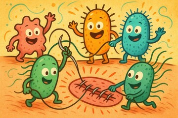 Fototapeta premium A lively gathering of bacteria engage in a playful dance around a colorful circle