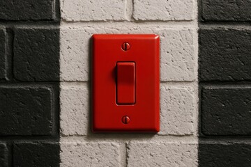 A Red Light Switch Against a Black and White Tiled Wall