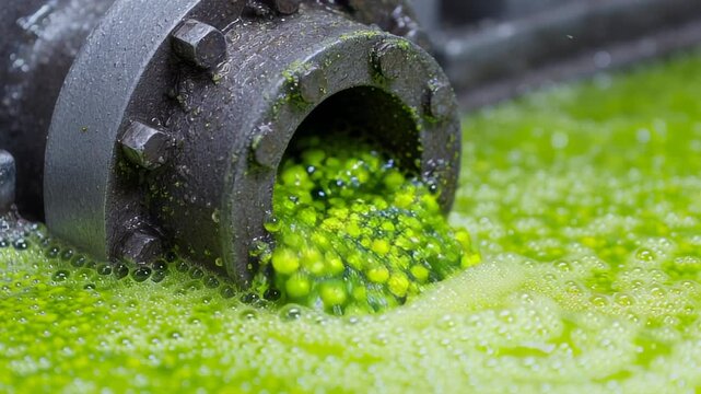 Algae flowing from industrial pipe highlights zero emissions technology for cleaner environment and sustainable energy future
