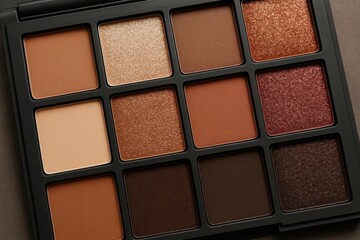 Fototapeta premium Eight distinct shades of eyeshadow in a black palette, each with its own unique pattern, ready to enhance any look