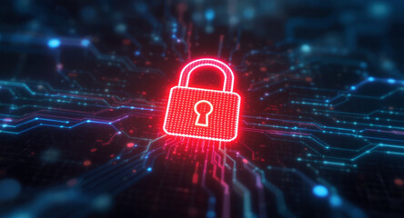 Digital network security visualization: A bright red padlock icon glows intensely amidst intricate patterns of blue light trails and data points on a dark, futuristic grid. 