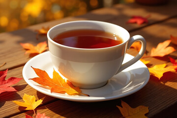 A white teacup filled with tea, on a matching saucer, surrounded by vibrant autumn leaves on a wooden table.