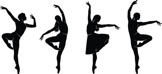 Ballet dancer silhouettes in various elegant poses, graceful movement, dance performance, classical choreography, performing arts, balance, vector art, artistic illustration