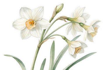 Delicate white daffodils with green stems and leaves isolated on transparent background
