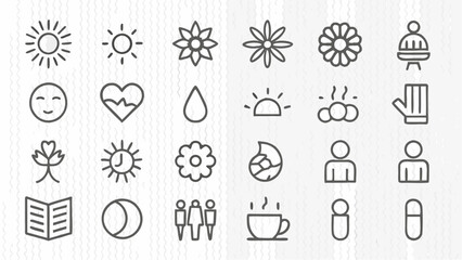 Line art icon set with sun, flowers, heart, water drop, winter hat, book, people, cup, and capsule