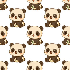 Obraz premium Cute kawaii panda with green leaf seamless pattern in a playful and minimal cartoon design