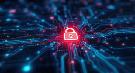 Digital network security visualization: A bright red padlock icon glows intensely amidst intricate patterns of blue light trails and data points on a dark, futuristic grid. 