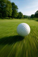 Fototapeta premium Motion of the Golf ball: A golf ball streaks across verdant green grass, capturing the essence of dynamic motion. A symbol of precision and the dedication that embodies the pursuit of perfection. 