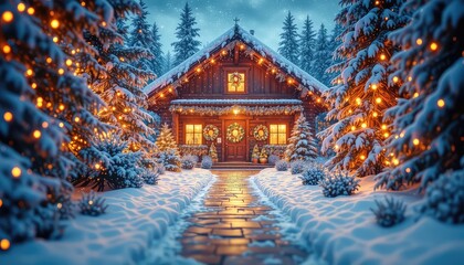 A cozy cabin illuminated by warm lights stands amidst snow-covered trees during the winter season