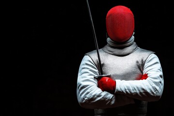 Portrait of a fencer wearing protective gear and holding an epee with crossed arms, against a dark background