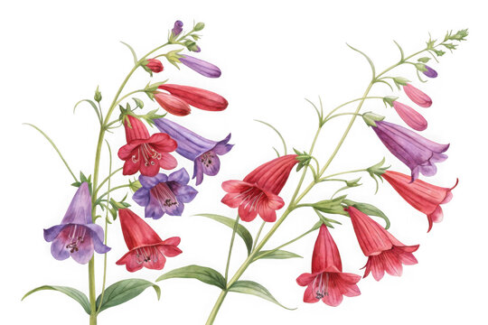 Delicate watercolor painting of penstemon flowers in shades of pink and purple isolated on transparent background