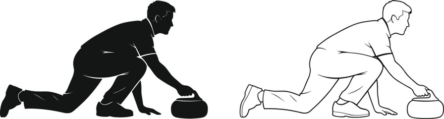 Naklejka premium Curling player silhouette and outline, crouching stance, delivering stone, winter sport technique, precision motion, ice arena, Olympic competition, athletic action