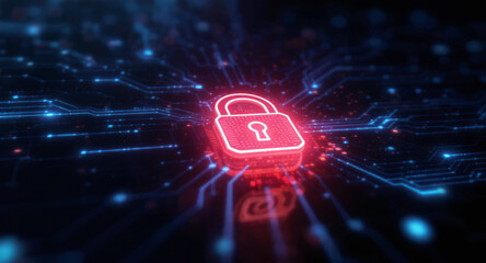 Digital network security visualization: A bright red padlock icon glows intensely amidst intricate patterns of blue light trails and data points on a dark, futuristic grid. 