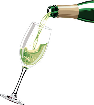 Champagne Bottle Pouring Sparkling Wine into Glass Vector Illustration 