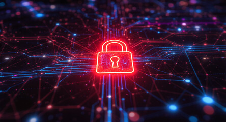 Digital network security visualization: A bright red padlock icon glows intensely amidst intricate patterns of blue light trails and data points on a dark, futuristic grid.