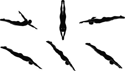 Diver silhouette, diving positions, aquatic sport, swimmer vector, water sports graphic, human figure clipart, competitive diving art, underwater sport illustration, athlete motion design