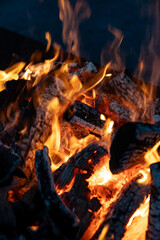 Flame wood in bonfire. Camp barbecue wood charcoal burns in the grill. Blaze fire flame texture...