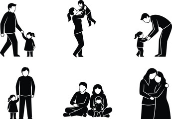 Family silhouettes collection, parents and children, bonding moments, holding hands, lifting child, sitting together, embracing couple, love, care, unity, vector illustration