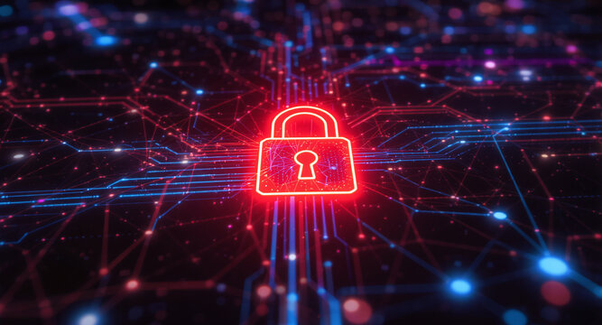 Digital network security visualization: A bright red padlock icon glows intensely amidst intricate patterns of blue light trails and data points on a dark, futuristic grid. 
