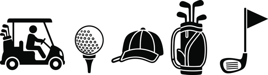 Golf equipment set with cart, clubs, ball, tee, cap, bag, flag, sports gear for outdoor course, game, competition, training