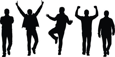 Silhouette of men in various poses, walking, celebrating, dancing, raising hands, standing, casual male figure illustration, vector isolated