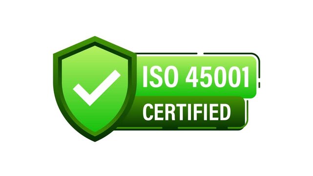 Animated ISO 45001 and CE Certified Labels on White and Blue Background