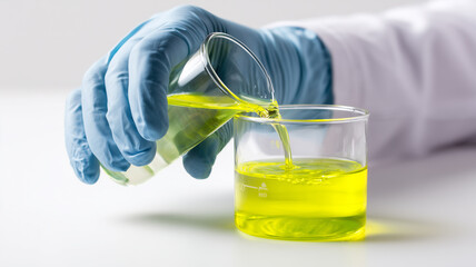 Scientist pouring liquid into beaker laboratory setting