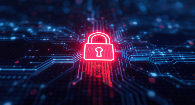 Digital network security visualization: A bright red padlock icon glows intensely amidst intricate patterns of blue light trails and data points on a dark, futuristic grid. 