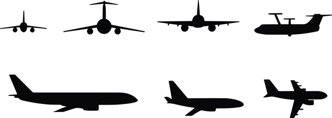 Silhouettes of airplanes in various orientations, front and side views, black figures on white background, aviation concept, diverse aircraft design collection