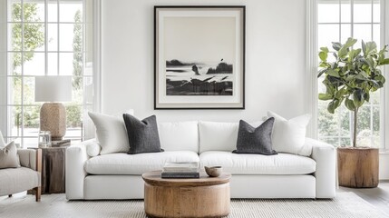 White living room with white sofa and poster frame