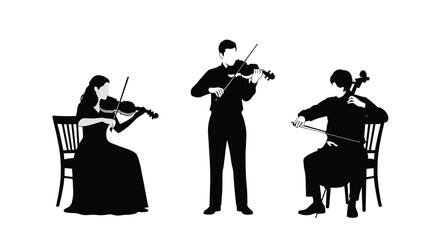 Silhouettes of musicians playing violin and cello, seated and standing, black figures on white background, classical orchestra performance, artistic music scene © Ideasy Mind