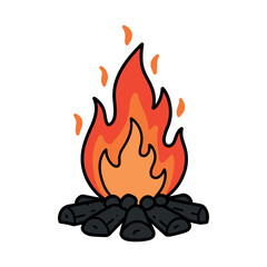 Cartoon campfire with bright flames and black logs on white background. Vector illustration