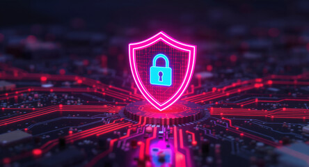Digital firewall visualization: A brightly glowing shield, with a pink outline and a blue padlock icon inside, acts as a central hub on a complex motherboard. Glowing red data lines flow towards it.
