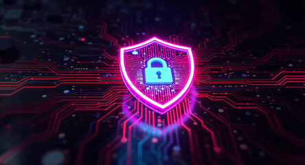 Digital firewall visualization: A brightly glowing shield, with a pink outline and a blue padlock icon inside, acts as a central hub on a complex motherboard. Glowing red data lines flow towards it.