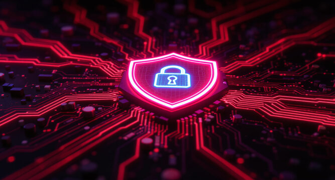 Digital firewall visualization: A brightly glowing shield, with a pink outline and a blue padlock icon inside, acts as a central hub on a complex motherboard. Glowing red data lines flow towards it. - Powered by Adobe
