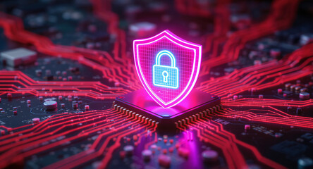 Digital firewall visualization: A brightly glowing shield, with a pink outline and a blue padlock icon inside, acts as a central hub on a complex motherboard. Glowing red data lines flow towards it.