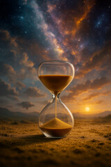  AI-generated image of an hourglass with golden sand flowing, set against a surreal dreamlike background of floating landscapes and cosmic skies, symbolizing time and eternity.