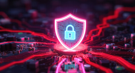 Digital firewall visualization: A brightly glowing shield, with a pink outline and a blue padlock icon inside, acts as a central hub on a complex motherboard. Glowing red data lines flow towards it.