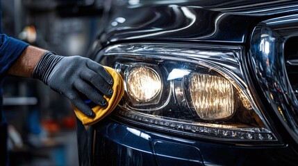 Detailing a modern car headlight, a hand wipes the exterior with a microfiber cloth. The headlight illuminates, showcasing automotive care.