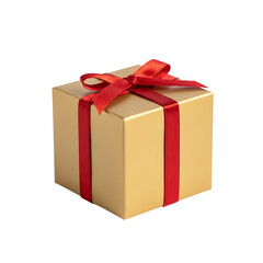 A gold gift box with a red ribbon and bow isolated on white isolated on transparent background