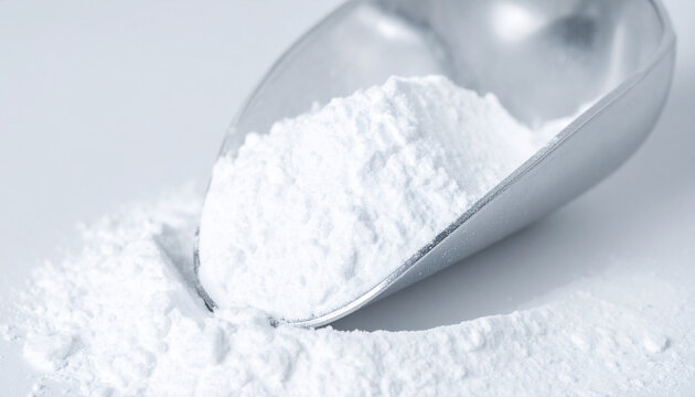 Metallic scoop with titanium dioxide powder. Talc, calcium carbonate, magnesium. Science