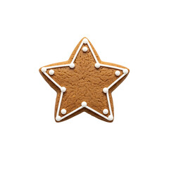 Star shaped gingerbread cookie with white icing isolated on transparent background