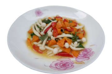 Stir-fried mushrooms with basil Mushroom and vegetable stir fry present tantalizing and healthy meal option. a vegetarian dish
