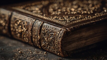 An ornately decorated, aged leather-bound book with intricate gold and silver inlays, resting on a dark, textured surface with scattered golden dust.