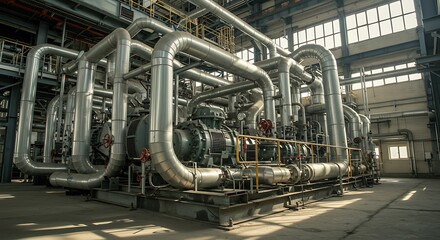 Fototapeta premium Pumping station with large compressors and steel pipelines in an energy production plant