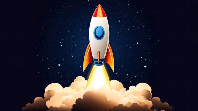 Cartoon Rocket Launching into Space with Fiery Exhaust and Starry Night Sky