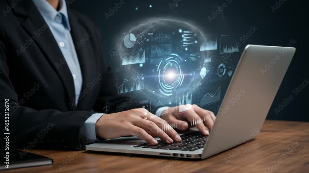 Poster a person in a suit types on a laptop with holographic data visualizations surrounding the screen are