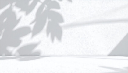 Serene Minimalist White Wall Background with Soft Leaf Shadows, Ideal for Product Displays and Branding Mockups.