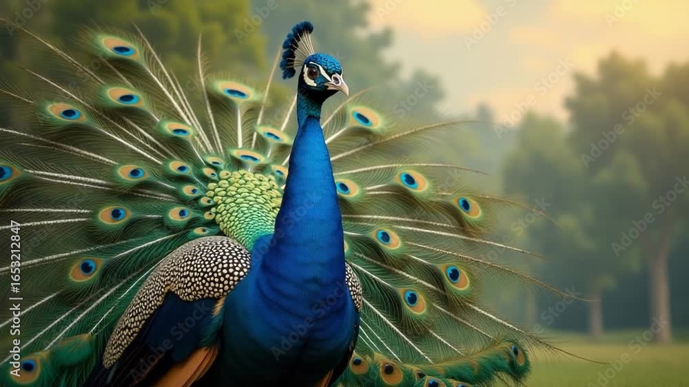 Poster a majestic peacock spreads its colorful feathers in an open field, perfect for use as a symbol of pr